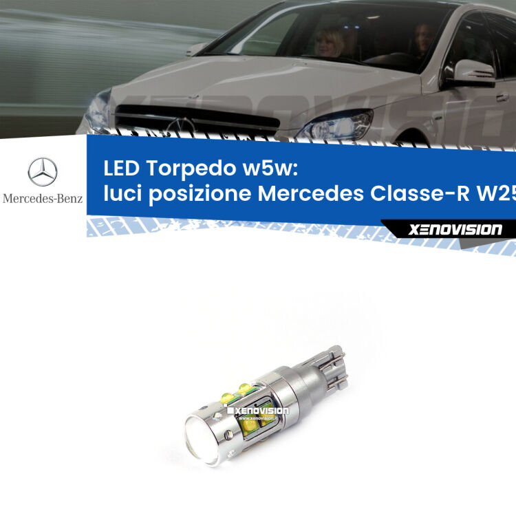 <strong>Luci posizione LED 6000k per Mercedes Classe-R</strong> W251, V251 2006-2014. Lampadine <strong>W5W</strong> canbus modello Torpedo.