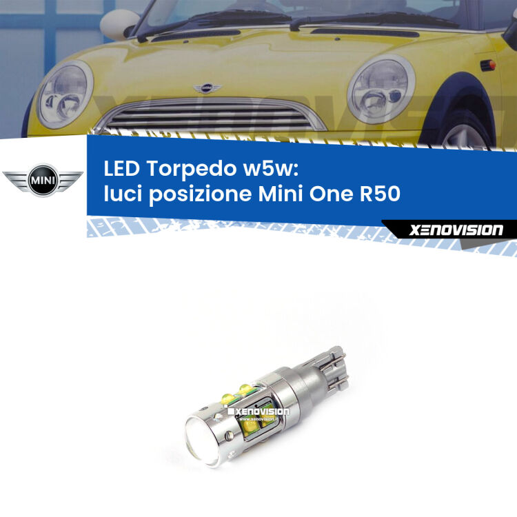 <strong>Luci posizione LED 6000k per Mini One</strong> R50 2001-2006. Lampadine <strong>W5W</strong> canbus modello Torpedo.