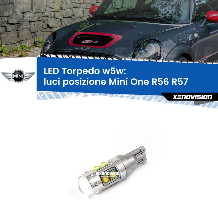 <strong>Luci posizione LED 6000k per Mini One</strong> R56 R57 2006-2013. Lampadine <strong>W5W</strong> canbus modello Torpedo.