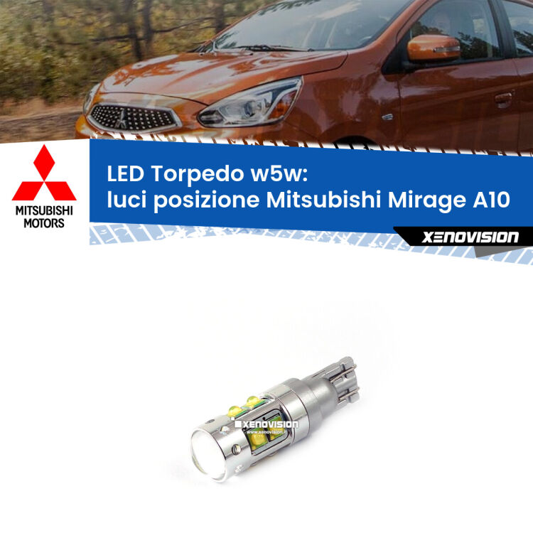 <strong>Luci posizione LED 6000k per Mitsubishi Mirage</strong> A10 2013in poi. Lampadine <strong>W5W</strong> canbus modello Torpedo.