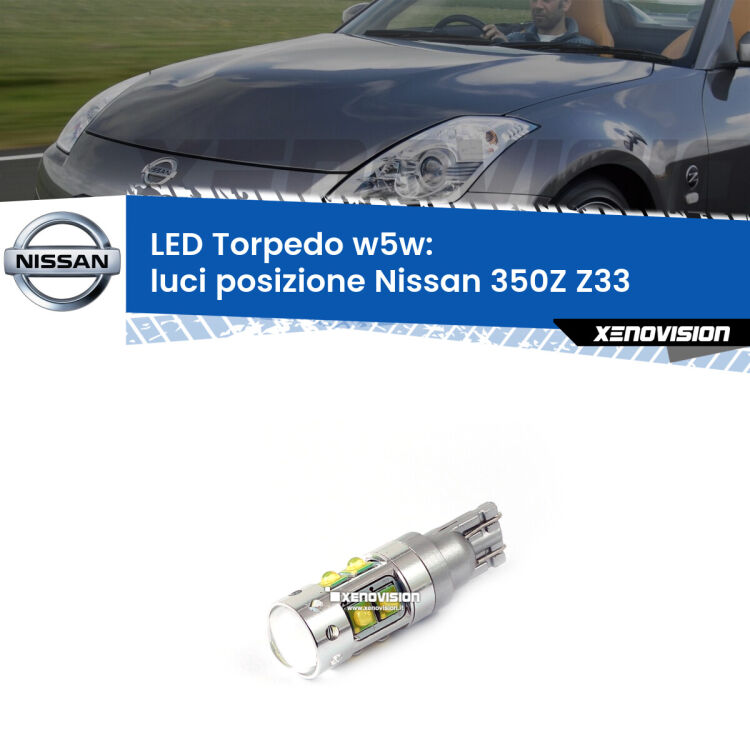 <strong>Luci posizione LED 6000k per Nissan 350Z</strong> Z33 2003-2009. Lampadine <strong>W5W</strong> canbus modello Torpedo.