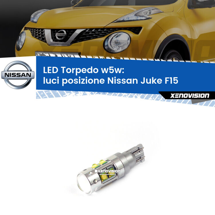 <strong>Luci posizione LED 6000k per Nissan Juke</strong> F15 2010-2014. Lampadine <strong>W5W</strong> canbus modello Torpedo.
