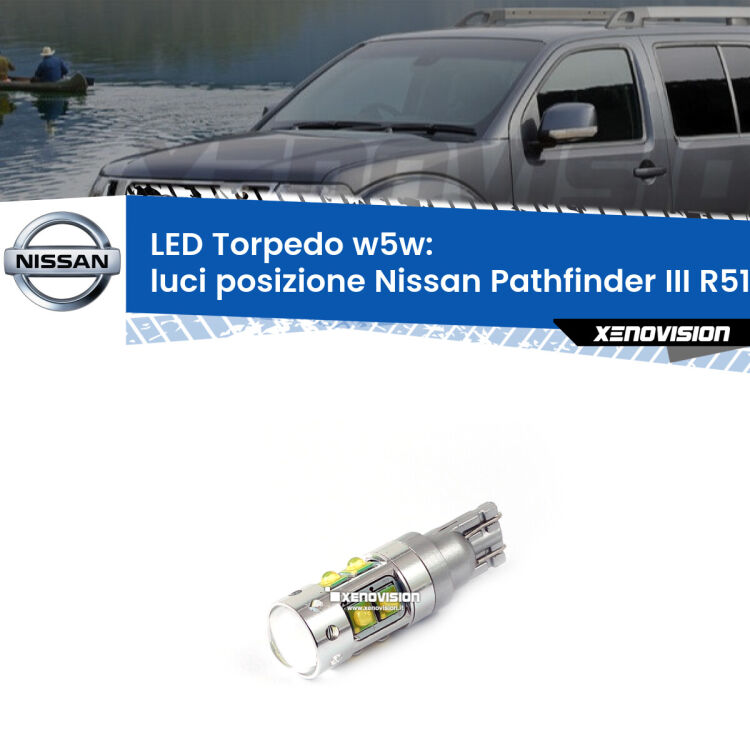 <strong>Luci posizione LED 6000k per Nissan Pathfinder III</strong> R51 2005-2011. Lampadine <strong>W5W</strong> canbus modello Torpedo.