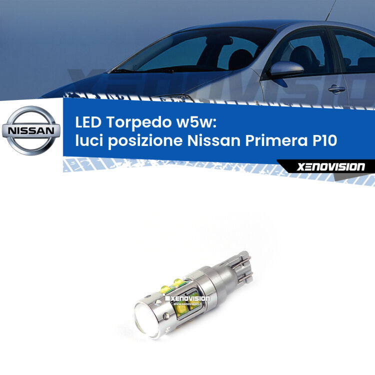 <strong>Luci posizione LED 6000k per Nissan Primera</strong> P10 1990-1996. Lampadine <strong>W5W</strong> canbus modello Torpedo.