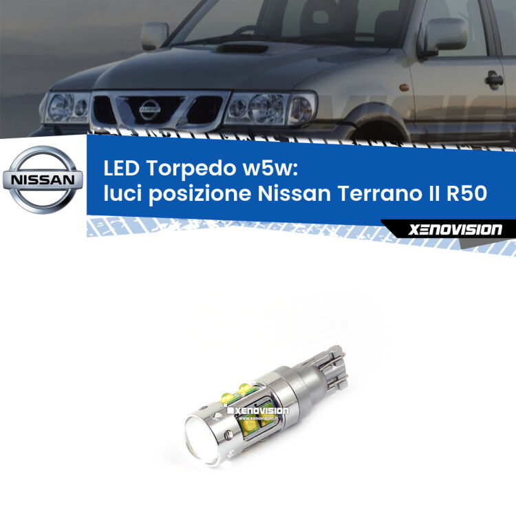<strong>Luci posizione LED 6000k per Nissan Terrano II</strong> R50 1997-2004. Lampadine <strong>W5W</strong> canbus modello Torpedo.