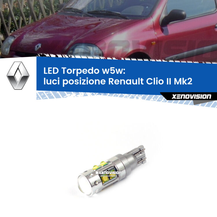 <strong>Luci posizione LED 6000k per Renault Clio II</strong> Mk2 1998-2004. Lampadine <strong>W5W</strong> canbus modello Torpedo.