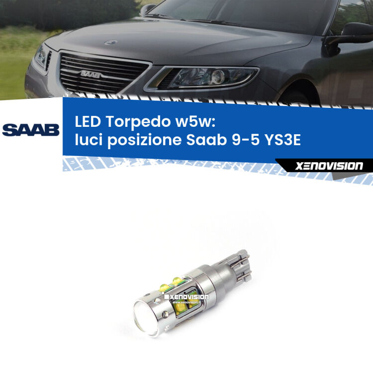 <strong>Luci posizione LED 6000k per Saab 9-5</strong> YS3E 1997-2010. Lampadine <strong>W5W</strong> canbus modello Torpedo.