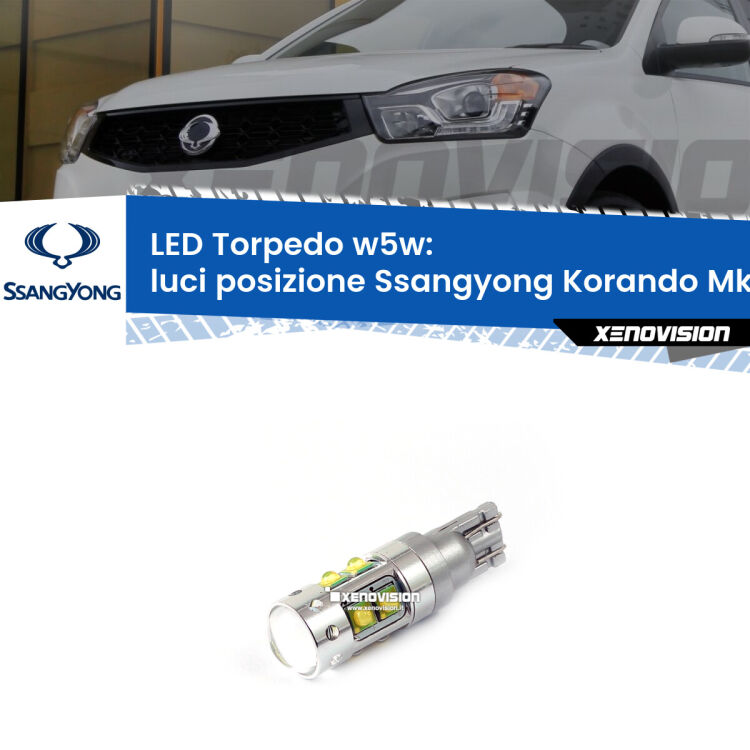 <strong>Luci posizione LED 6000k per Ssangyong Korando</strong> Mk3 2010-2012. Lampadine <strong>W5W</strong> canbus modello Torpedo.