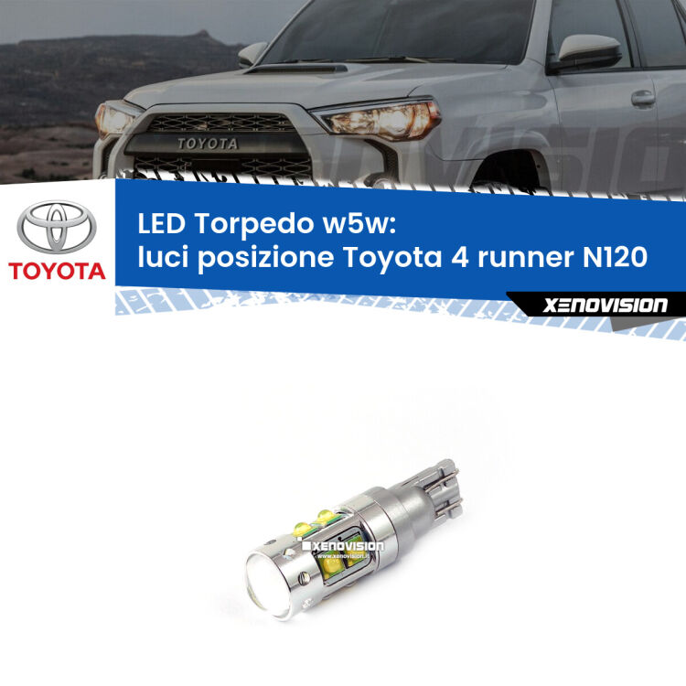 <strong>Luci posizione LED 6000k per Toyota 4 runner</strong> N120 1989-1996. Lampadine <strong>W5W</strong> canbus modello Torpedo.