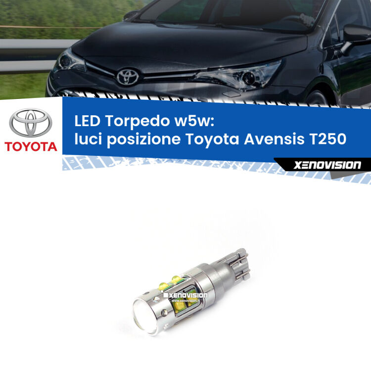 <strong>Luci posizione LED 6000k per Toyota Avensis</strong> T250 2003-2008. Lampadine <strong>W5W</strong> canbus modello Torpedo.
