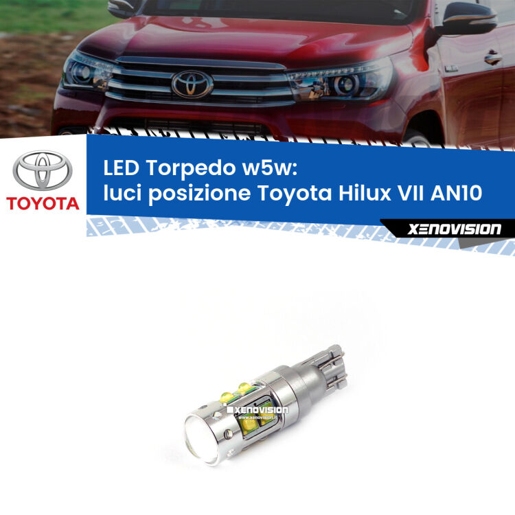 <strong>Luci posizione LED 6000k per Toyota Hilux VII</strong> AN10 2004-2015. Lampadine <strong>W5W</strong> canbus modello Torpedo.