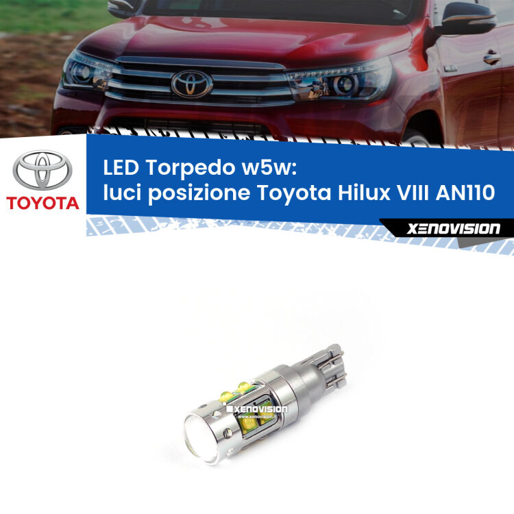 <strong>Luci posizione LED 6000k per Toyota Hilux VIII</strong> AN110 2015in poi. Lampadine <strong>W5W</strong> canbus modello Torpedo.