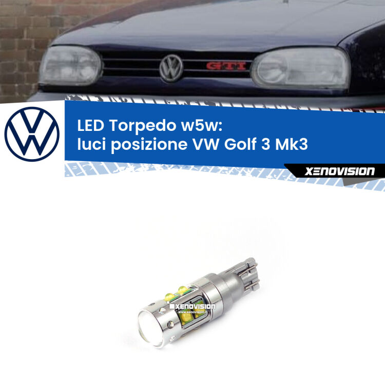 <strong>Luci posizione LED 6000k per VW Golf 3</strong> Mk3 a parabola doppia. Lampadine <strong>W5W</strong> canbus modello Torpedo.