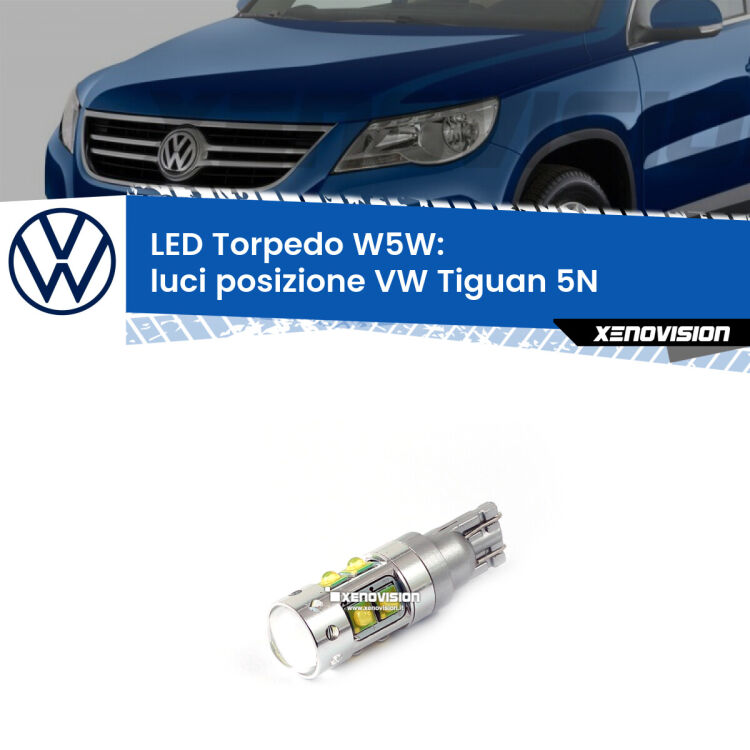 <strong>Luci posizione LED 6000k per VW Tiguan</strong> 5N 2007-2011. Lampadine <strong>W5W</strong> canbus modello Torpedo.