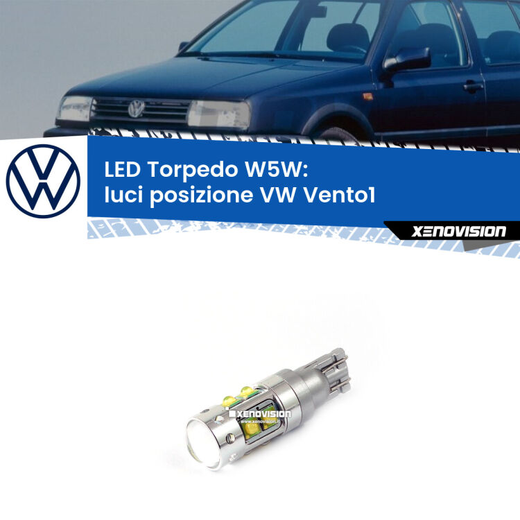 <strong>Luci posizione LED 6000k per VW Vento1</strong>  a parabola doppia. Lampadine <strong>W5W</strong> canbus modello Torpedo.