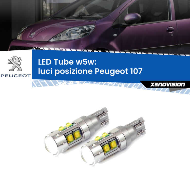 0 Luci posizione LED W5W Peugeot 107 2005-2014 W5W Tube <strong>Luci posizione LED 6000k per Peugeot 107</strong> 2005-2014. Lampadine <strong>W5W</strong> canbus modello Tube, luce bianco lunare, lunga durata e compatibilità.