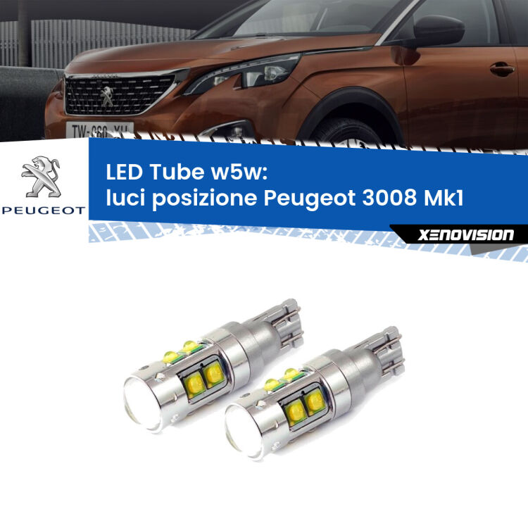 0 Luci posizione LED W5W Peugeot 3008 Mk1 2008-2012 W5W Tube <strong>Luci posizione LED 6000k per Peugeot 3008</strong> Mk1 2008-2012. Lampadine <strong>W5W</strong> canbus modello Tube, luce bianco lunare, lunga durata e compatibilità.