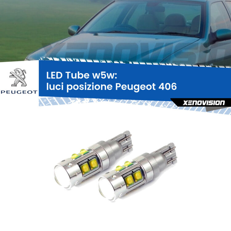 0 Luci posizione LED W5W Peugeot 406 1995-2004 W5W Tube <strong>Luci posizione LED 6000k per Peugeot 406</strong> 1995-2004. Lampadine <strong>W5W</strong> canbus modello Tube, luce bianco lunare, lunga durata e compatibilità.