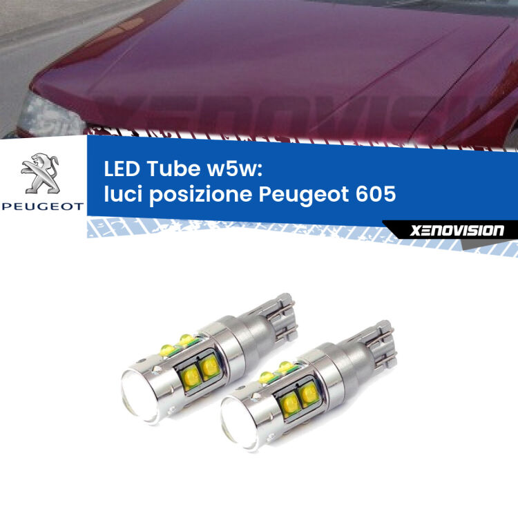 0 Luci posizione LED W5W Peugeot 605 1989-1999 W5W Tube <strong>Luci posizione LED 6000k per Peugeot 605</strong> 1989-1999. Lampadine <strong>W5W</strong> canbus modello Tube, luce bianco lunare, lunga durata e compatibilità.