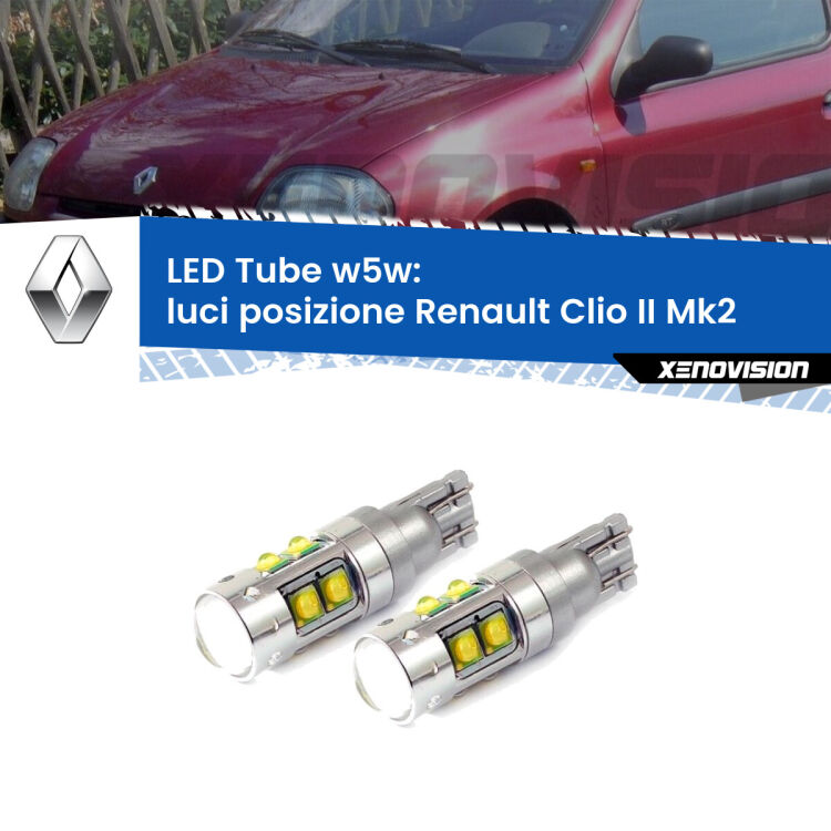 0 Luci posizione LED W5W Renault Clio II Mk2 1998-2004 W5W Tube <strong>Luci posizione LED 6000k per Renault Clio II</strong> Mk2 1998-2004. Lampadine <strong>W5W</strong> canbus modello Tube, luce bianco lunare, lunga durata e compatibilità.