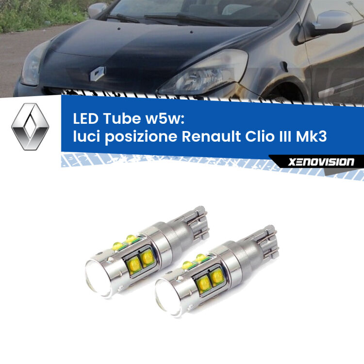 0 Luci posizione LED W5W Renault Clio III  2005-2011 W5W Tube <strong>Luci posizione LED 6000k per Renault Clio III</strong>  2005-2011. Lampadine <strong>W5W</strong> canbus modello Tube, luce bianco lunare, lunga durata e compatibilità.