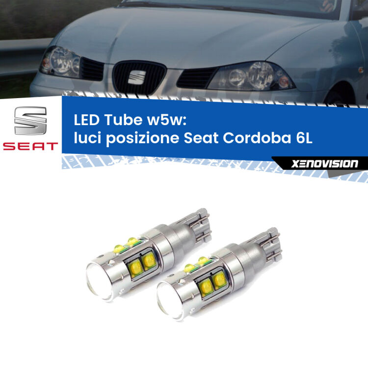 0 Luci posizione LED W5W Seat Cordoba 6L 2002-2009 W5W Tube <strong>Luci posizione LED 6000k per Seat Cordoba</strong> 6L 2002-2009. Lampadine <strong>W5W</strong> canbus modello Tube, luce bianco lunare, lunga durata e compatibilità.