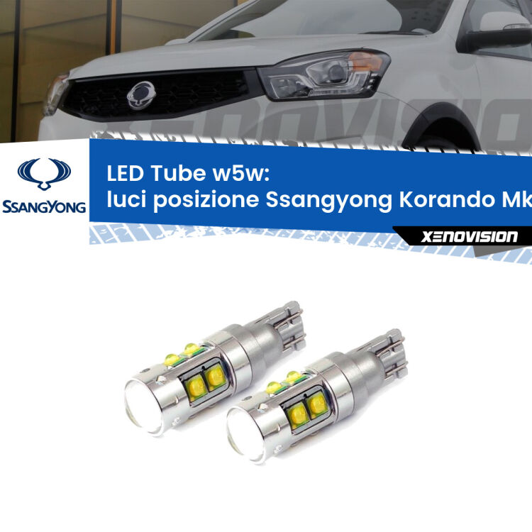 0 Luci posizione LED W5W Ssangyong Korando Mk2 1996-2006 W5W Tube <strong>Luci posizione LED 6000k per Ssangyong Korando</strong> Mk2 1996-2006. Lampadine <strong>W5W</strong> canbus modello Tube, luce bianco lunare, lunga durata e compatibilità.