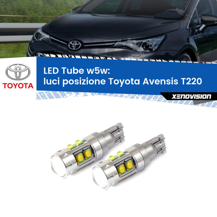 0 Luci posizione LED W5W Toyota Avensis T220 1997-2003 W5W Tube <strong>Luci posizione LED 6000k per Toyota Avensis</strong> T220 1997-2003. Lampadine <strong>W5W</strong> canbus modello Tube, luce bianco lunare, lunga durata e compatibilità.