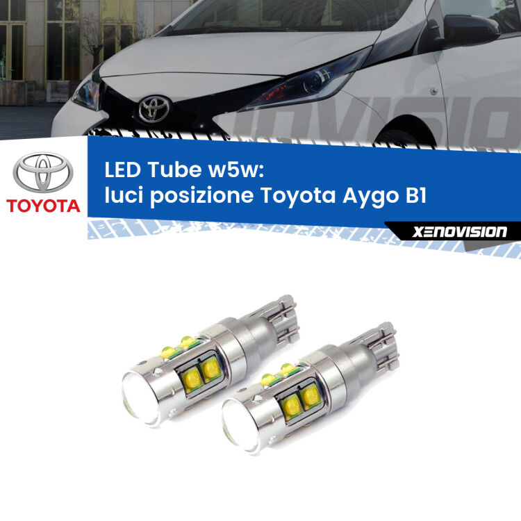 0 Luci posizione LED W5W Toyota Aygo B1 2005-2014 W5W Tube <strong>Luci posizione LED 6000k per Toyota Aygo</strong> B1 2005-2014. Lampadine <strong>W5W</strong> canbus modello Tube, luce bianco lunare, lunga durata e compatibilità.