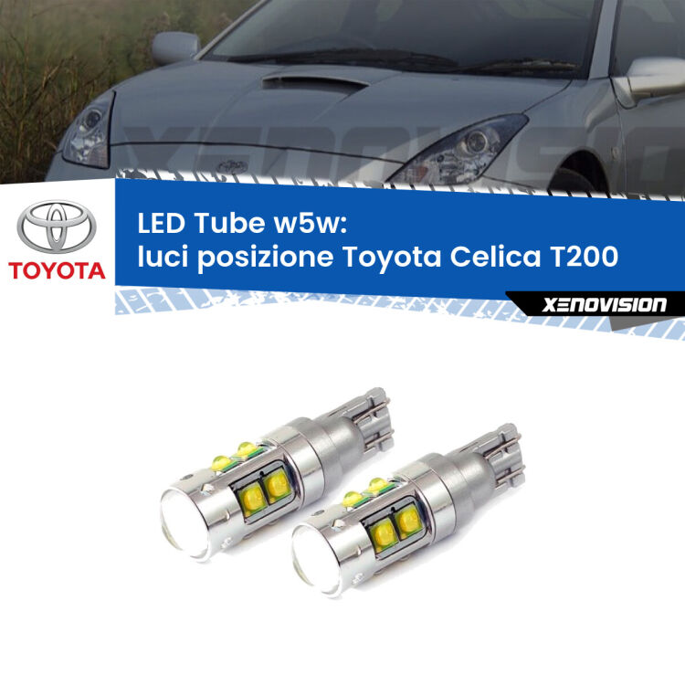0 Luci posizione LED W5W Toyota Celica T200 1993-1999 W5W Tube <strong>Luci posizione LED 6000k per Toyota Celica</strong> T200 1993-1999. Lampadine <strong>W5W</strong> canbus modello Tube, luce bianco lunare, lunga durata e compatibilità.