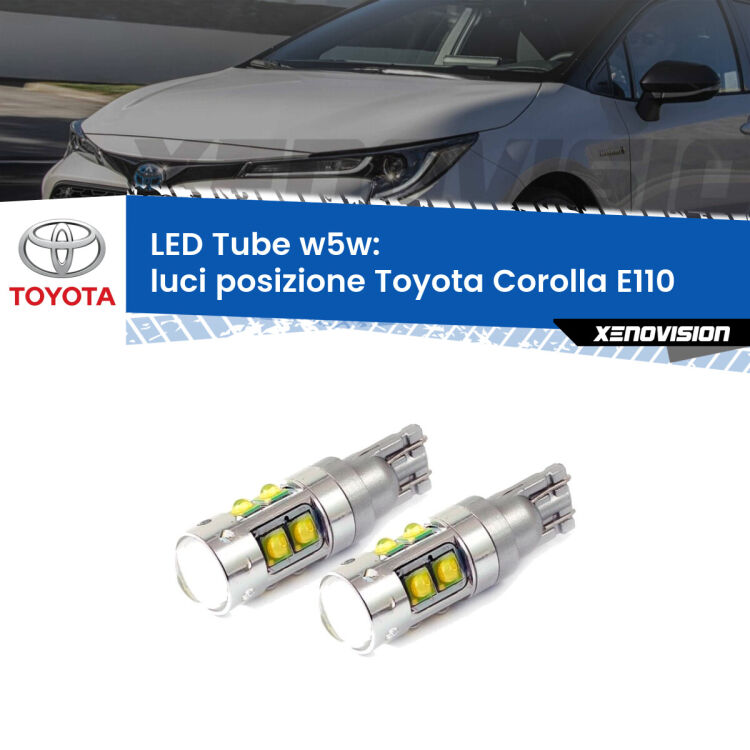 0 Luci posizione LED W5W Toyota Corolla E110 1997-2001 W5W Tube <strong>Luci posizione LED 6000k per Toyota Corolla</strong> E110 1997-2001. Lampadine <strong>W5W</strong> canbus modello Tube, luce bianco lunare, lunga durata e compatibilità.