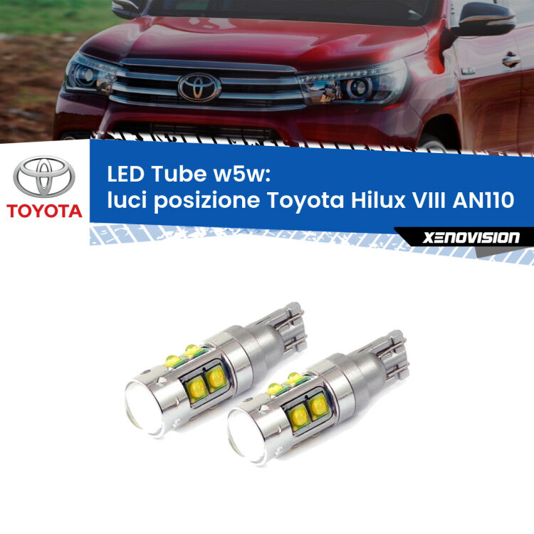 0 Luci posizione LED W5W Toyota Hilux VIII AN110 2015in poi W5W Tube <strong>Luci posizione LED 6000k per Toyota Hilux VIII</strong> AN110 2015in poi. Lampadine <strong>W5W</strong> canbus modello Tube, luce bianco lunare, lunga durata e compatibilità.