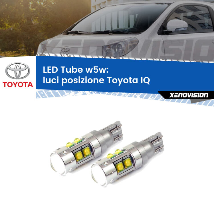 0 Luci posizione LED W5W Toyota IQ 2009-2015 W5W Tube <strong>Luci posizione LED 6000k per Toyota IQ</strong> 2009-2015. Lampadine <strong>W5W</strong> canbus modello Tube, luce bianco lunare, lunga durata e compatibilità.