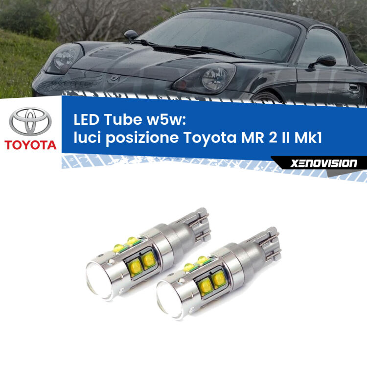 0 Luci posizione LED W5W Toyota MR 2 II Mk1 1989-2000 W5W Tube <strong>Luci posizione LED 6000k per Toyota MR 2 II</strong> Mk1 1989-2000. Lampadine <strong>W5W</strong> canbus modello Tube, luce bianco lunare, lunga durata e compatibilità.