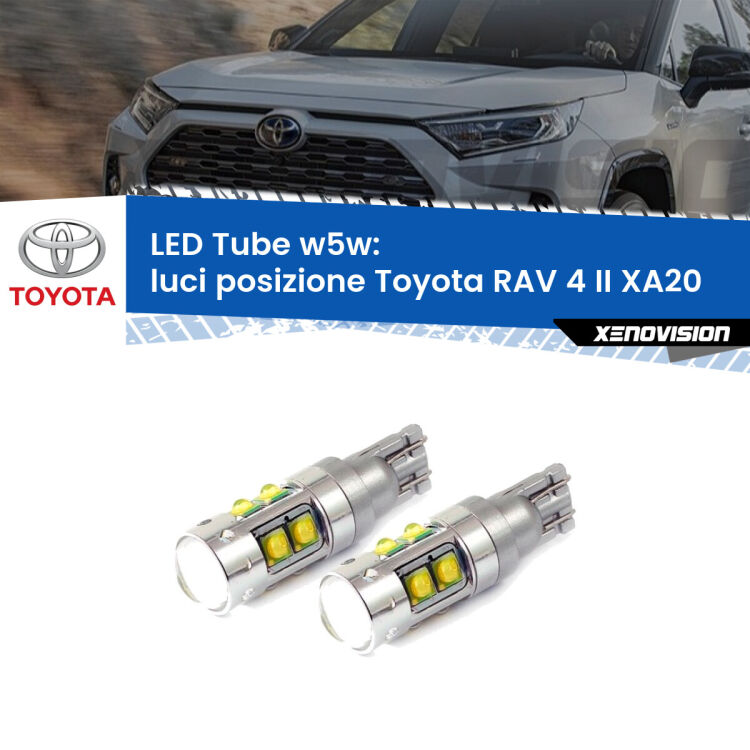 0 Luci posizione LED W5W Toyota RAV 4 II XA20 2000-2005 W5W Tube <strong>Luci posizione LED 6000k per Toyota RAV 4 II</strong> XA20 2000-2005. Lampadine <strong>W5W</strong> canbus modello Tube, luce bianco lunare, lunga durata e compatibilità.