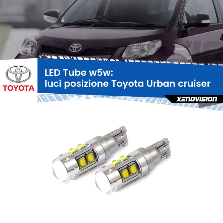 0 Luci posizione LED W5W Toyota Urban cruiser 2007-2016 W5W Tube <strong>Luci posizione LED 6000k per Toyota Urban cruiser</strong> 2007-2016. Lampadine <strong>W5W</strong> canbus modello Tube, luce bianco lunare, lunga durata e compatibilità.