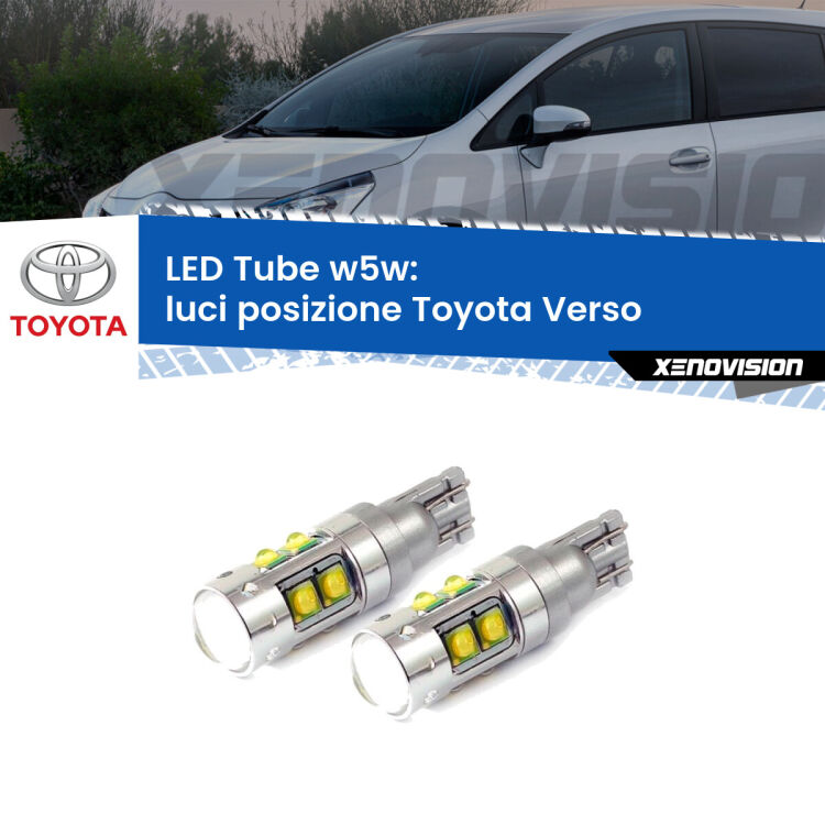 0 Luci posizione LED W5W Toyota Verso 2009-2018 W5W Tube <strong>Luci posizione LED 6000k per Toyota Verso</strong> 2009-2018. Lampadine <strong>W5W</strong> canbus modello Tube, luce bianco lunare, lunga durata e compatibilità.