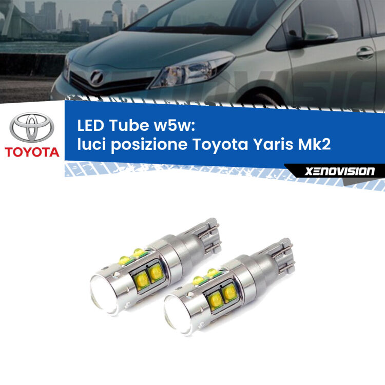 0 Luci posizione LED W5W Toyota Yaris Mk2 2005-2010 W5W Tube <strong>Luci posizione LED 6000k per Toyota Yaris</strong> Mk2 2005-2010. Lampadine <strong>W5W</strong> canbus modello Tube, luce bianco lunare, lunga durata e compatibilità.