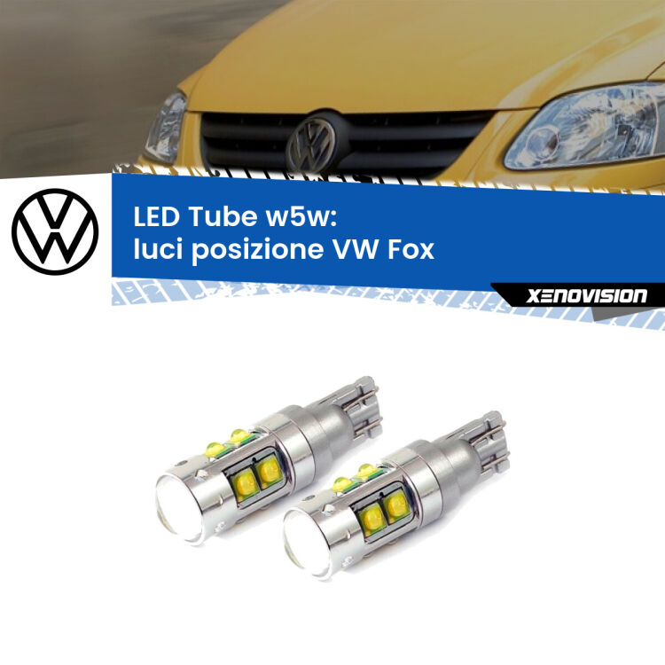 0 Luci posizione LED W5W VW Fox 2003-2014 W5W Tube <strong>Luci posizione LED 6000k per VW Fox</strong> 2003-2014. Lampadine <strong>W5W</strong> canbus modello Tube, luce bianco lunare, lunga durata e compatibilità.