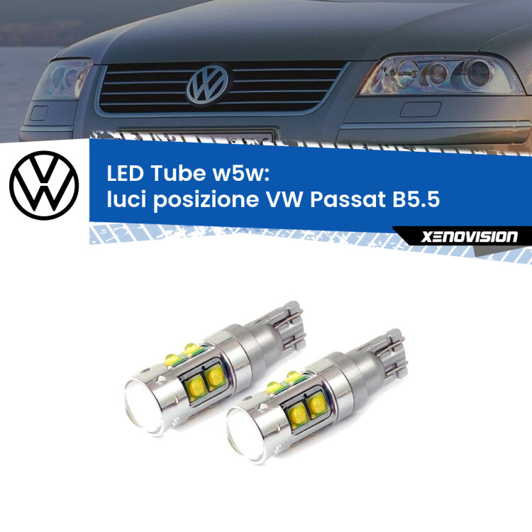 0 Luci posizione LED W5W VW Passat B5.5 2000-2005 W5W Tube <strong>Luci posizione LED 6000k per VW Passat</strong> B5.5 2000-2005. Lampadine <strong>W5W</strong> canbus modello Tube, luce bianco lunare, lunga durata e compatibilità.
