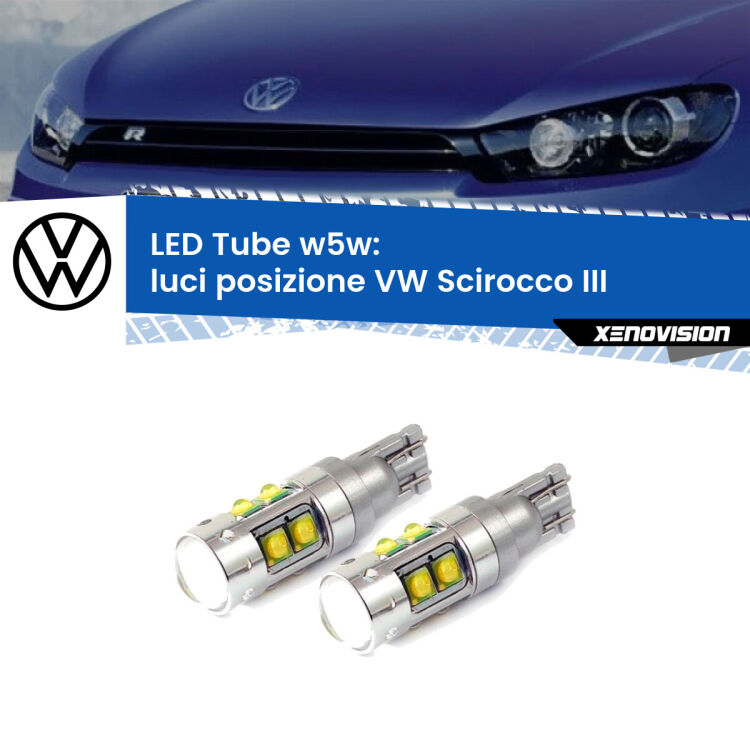 0 Luci posizione LED W5W VW Scirocco III 2008-2017 W5W Tube <strong>Luci posizione LED 6000k per VW Scirocco</strong> III 2008-2017. Lampadine <strong>W5W</strong> canbus modello Tube, luce bianco lunare, lunga durata e compatibilità.