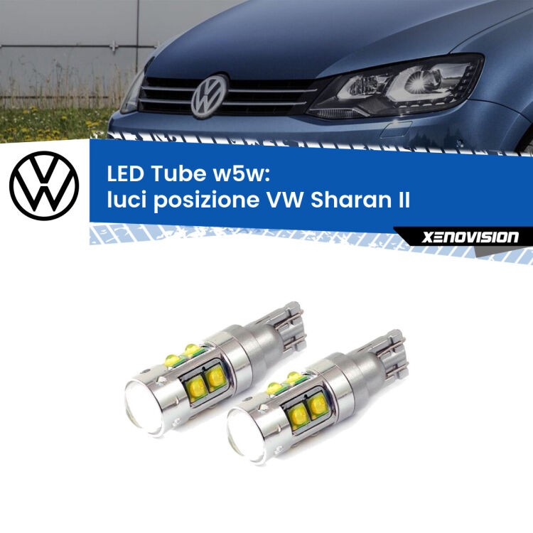 0 Luci posizione LED W5W VW Sharan II 2010-2019 W5W Tube <strong>Luci posizione LED 6000k per VW Sharan</strong> II 2010-2019. Lampadine <strong>W5W</strong> canbus modello Tube, luce bianco lunare, lunga durata e compatibilità.