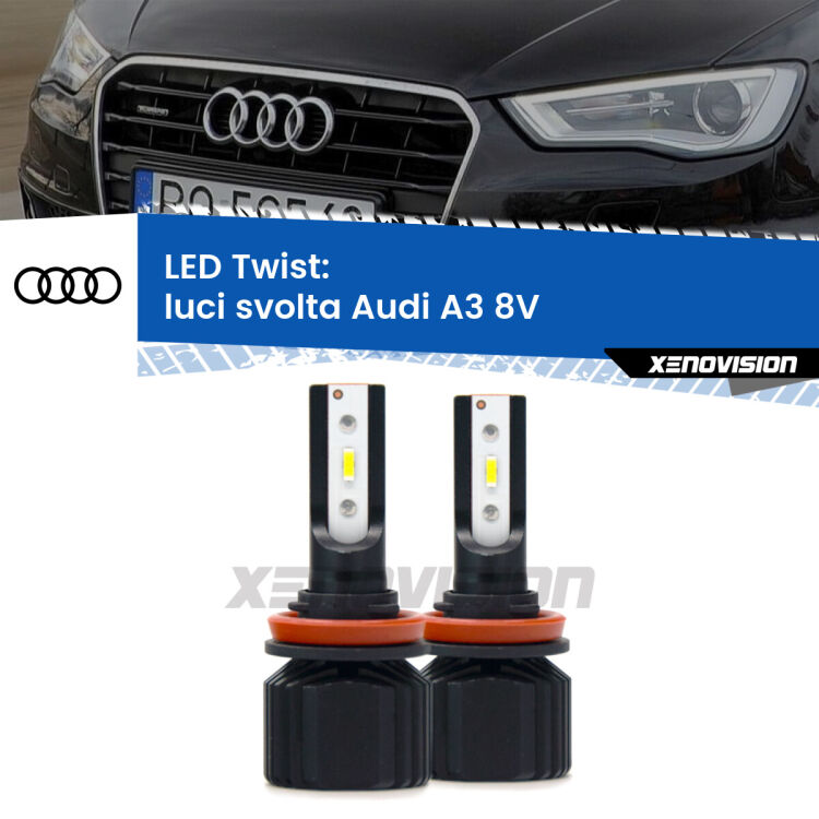 Luci svolta LED Audi A3 8V 2013 - 2020: Twist 11,000Lm <strong>Kit luci svolta LED</strong> per <strong>Audi A3</strong> 8V 2013 - 2020. Compatte, impermeabili, senza ventola: praticamente indistruttibili. Top Quality.