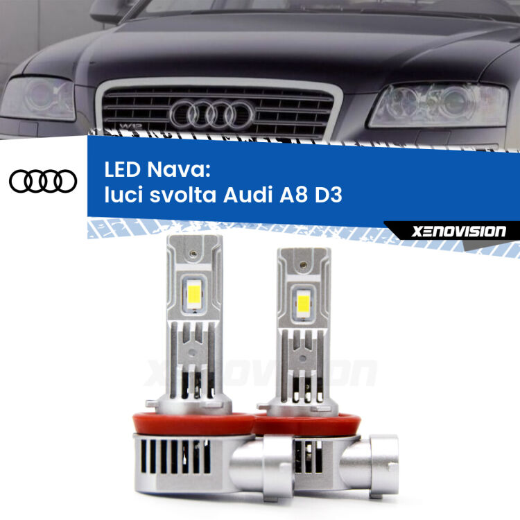 0 Luci svolta LED Audi A8 D3 2002 - 2009: Nava 20,000Lm <strong>Luci svolta LED no-spie per Audi A8</strong> D3 2002 - 2009. Coppia lampade <strong>H11</strong>/H9/H8/H16(JP) modello Nava canbus, raffreddate a ventola.
