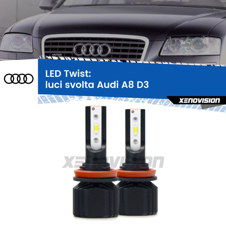 Luci svolta LED Audi A8 D3 2002 - 2009: Twist 11,000Lm <strong>Kit luci svolta LED</strong> per <strong>Audi A8</strong> D3 2002 - 2009. Compatte, impermeabili, senza ventola: praticamente indistruttibili. Top Quality.