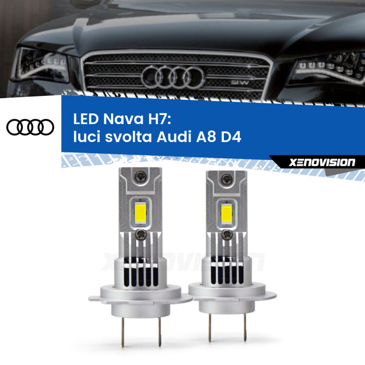 0 Luci svolta LED Audi A8 D4 2009 - 2018: H7 Nava <strong>Luci svolta LED no-spie per Audi A8</strong> D4 2009 - 2018. Coppia lampade <strong>H7</strong> modello Nava canbus, raffreddate a ventola.