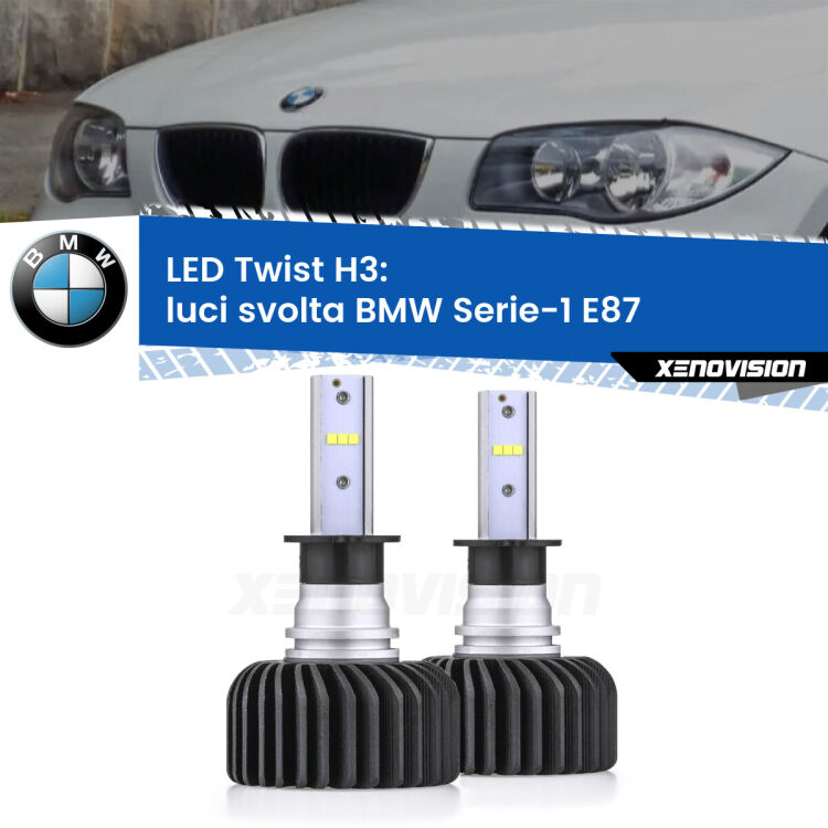 <strong>Kit luci svolta LED</strong> H3 per <strong>BMW Serie-1</strong> E87 2003 - 2012. Compatte, impermeabili, senza ventola: praticamente indistruttibili. Top Quality.