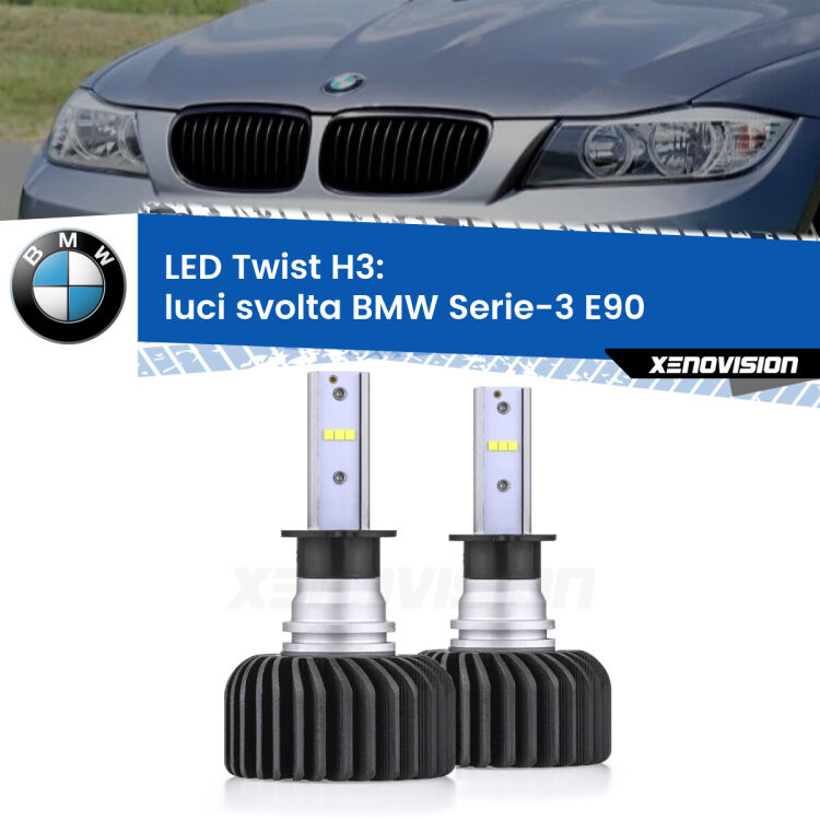 <strong>Kit luci svolta LED</strong> H3 per <strong>BMW Serie-3</strong> E90 2005 - 2011. Compatte, impermeabili, senza ventola: praticamente indistruttibili. Top Quality.