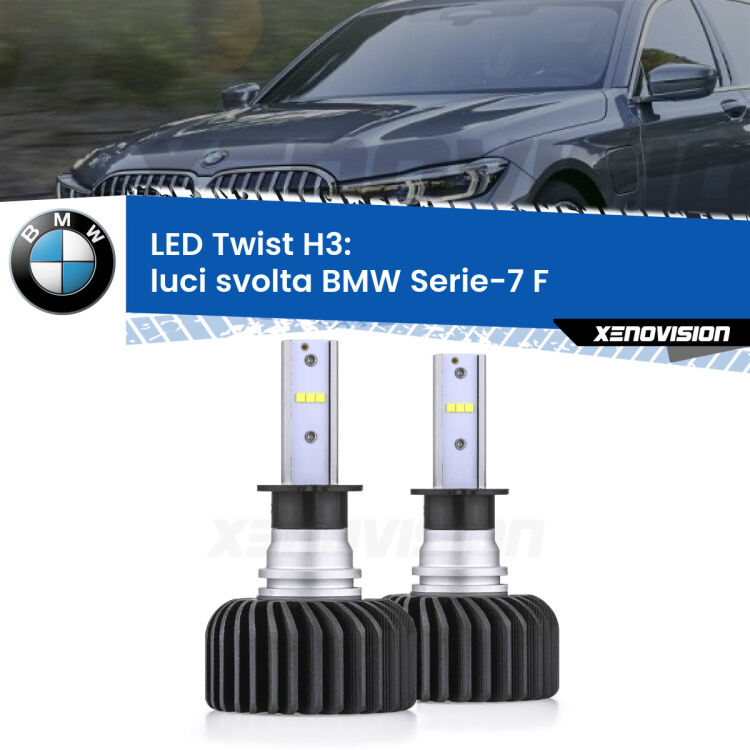 <strong>Kit luci svolta LED</strong> H3 per <strong>BMW Serie-7</strong> F 2009 - 2012. Compatte, impermeabili, senza ventola: praticamente indistruttibili. Top Quality.