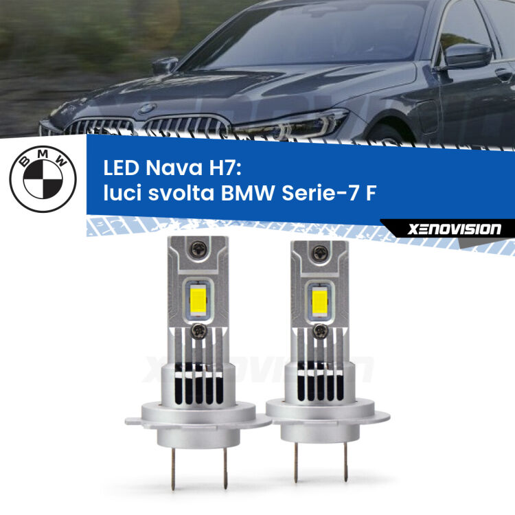 Luci svolta LED BMW Serie-7 F 2012 - 2015: H7 Nava <strong>Luci svolta LED no-spie per BMW Serie-7</strong> F 2012 - 2015. Coppia lampade <strong>H7</strong> modello Nava canbus, raffreddate a ventola.